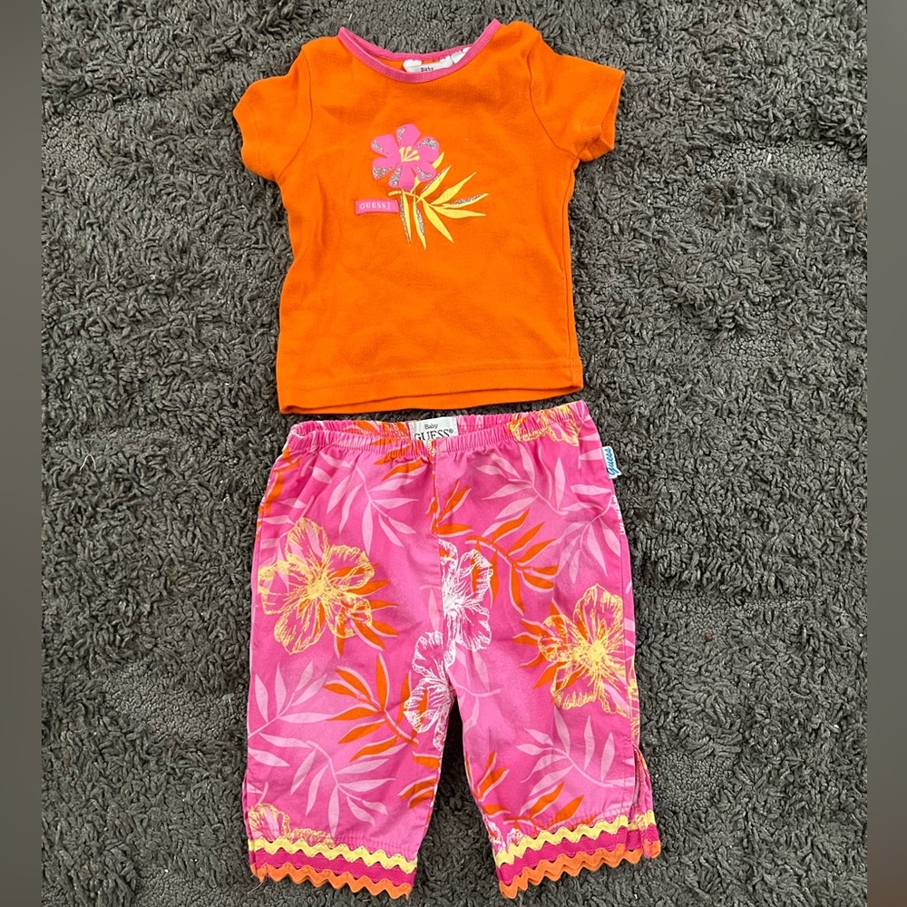 Vintage Baby Guess Pink, Orange, & Yellow Tropical Floral Shirt & Pant Set